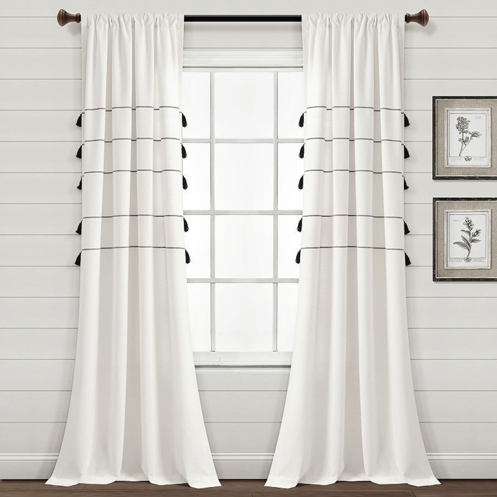 2 window panels - 42x84 farmhouse boho stripe tassel curtains